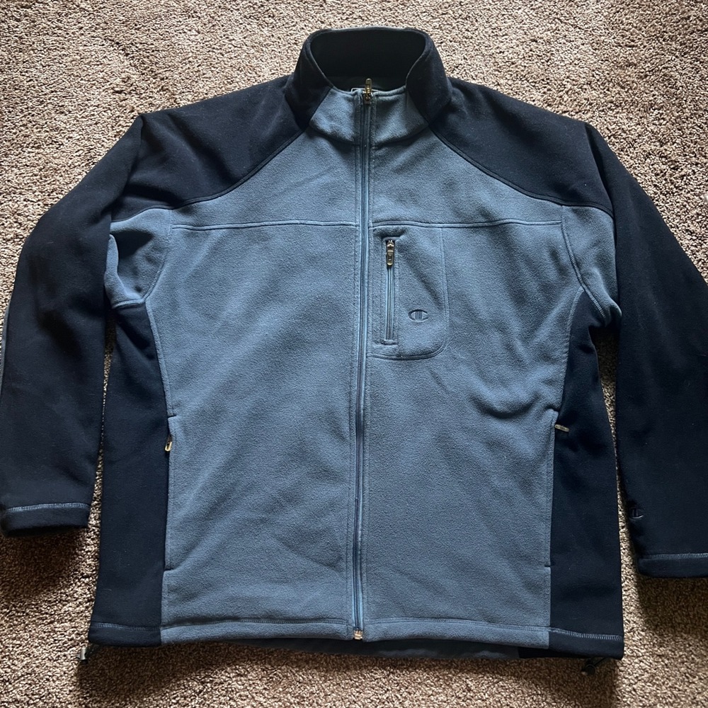 Champion Fleece Jacket Full Zip Mock Neck Gray Black Pullover‎ Size XL